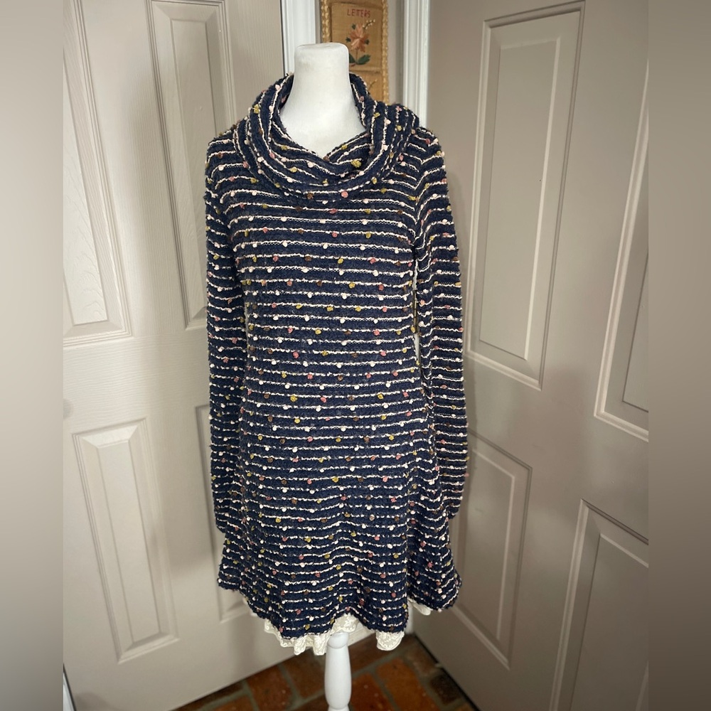 altar’d state blue striped Starlight sweater dress lace hem & cowl neck. Size M.